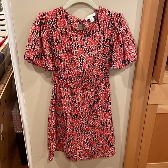 TopShop Red Floral Dress Open Back Abstract Geometric Print Short Sleeve E-waist - Picture 4 of 8